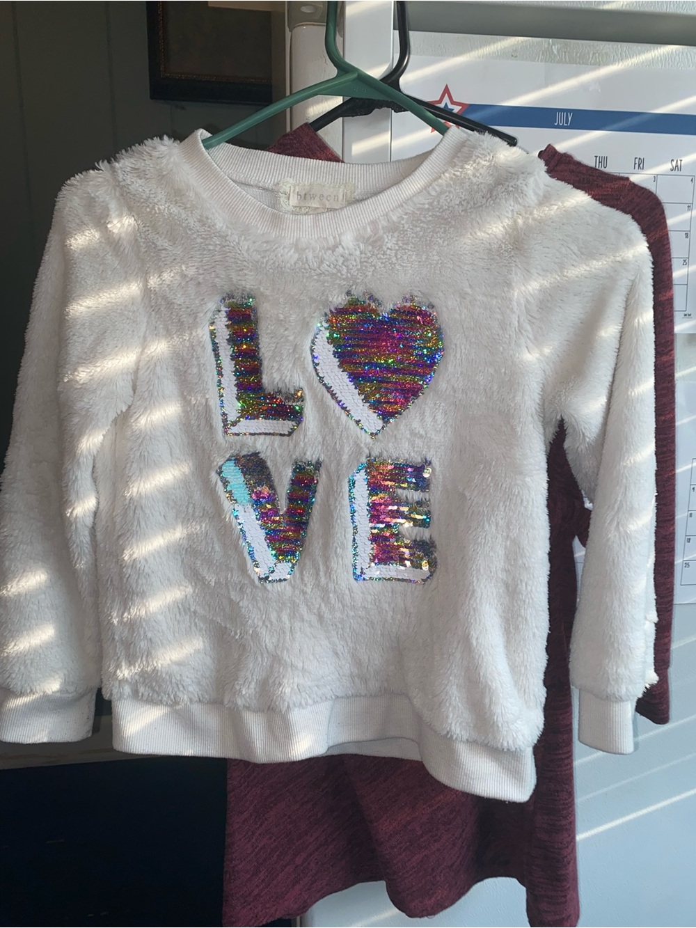 btween White Plush Long-Sleeve Hoodie with Rainbow Sequin LOVE